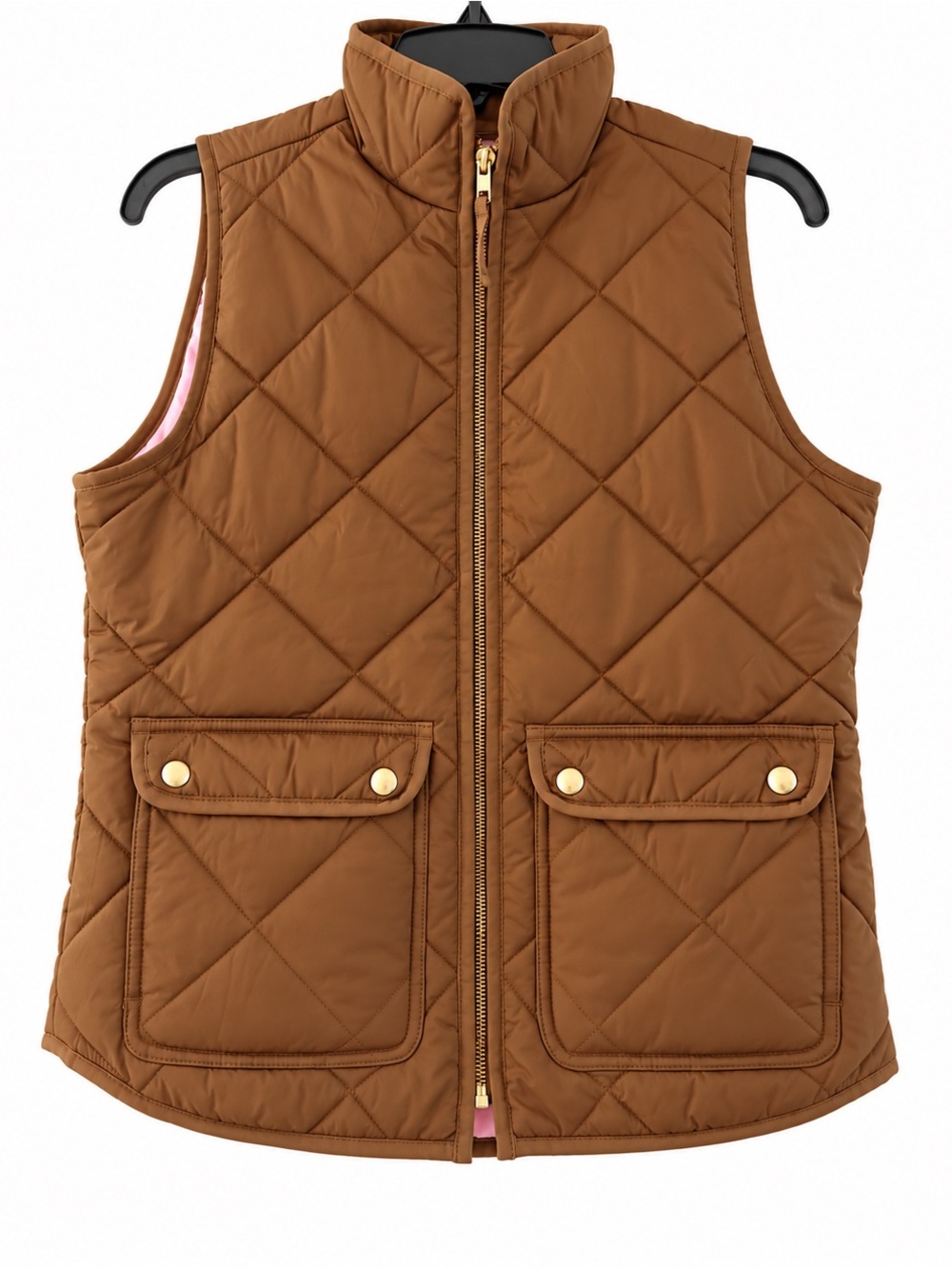 J.Crew Re-Imagined Quilted Vest Women XXS Brown Caramel Pink Lining